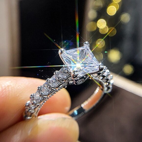 💎 Beautiful Pure Zircon Princess Cut Romantic Wedding Rings for Women, PD416 - Picture 3 of 8
